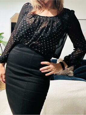 Classic Forever 21 Black Metallic Dot Flowy Blouse See-Through Size Large